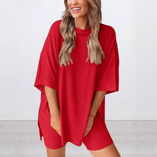 Damen Lässiges Lounge-Set mit übergroßem Oberteil und kurzen Hosen R&B
