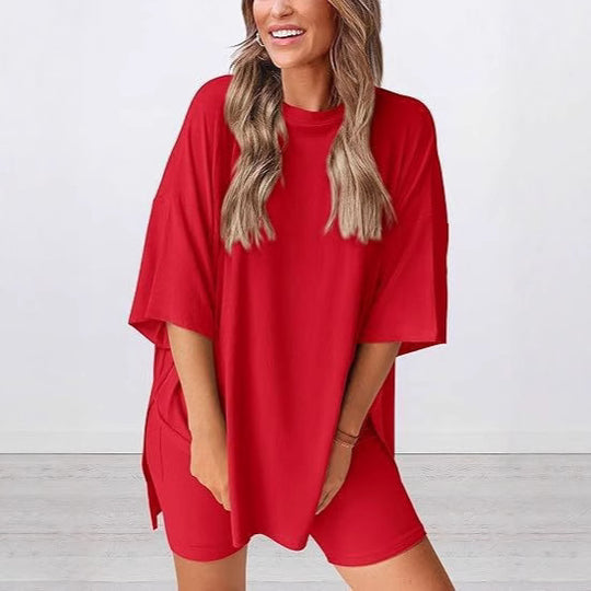 Damen Lässiges Lounge-Set mit übergroßem Oberteil und kurzen Hosen R&B