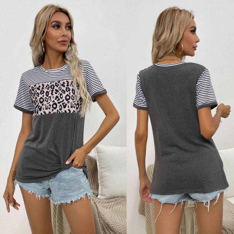 Damen modisches T-Shirt mit Leopardenmuster und gestreiften Ärmeln