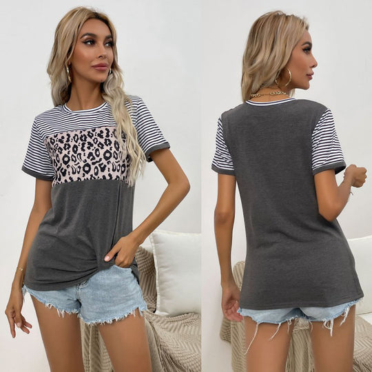 Damen modisches T-Shirt mit Leopardenmuster und gestreiften Ärmeln R&B