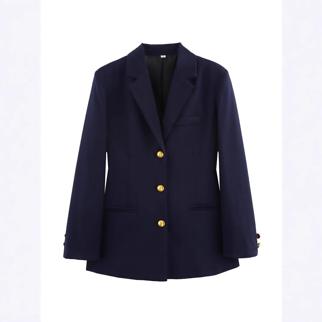 Damen elegante karierte Blazerjacke mit Goldknöpfen R&B