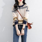 Damen Grob gestrickter Pullover mit geometrischem Muster und Rundhalsausschnitt