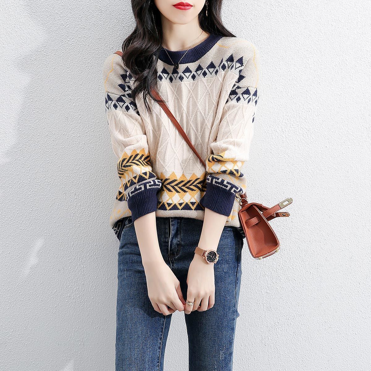 Damen Grob gestrickter Pullover mit geometrischem Muster und Rundhalsausschnitt