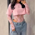 Damen Bodyshirt mit transparenten Spitzenärmeln und lässigem Schnitt R&B