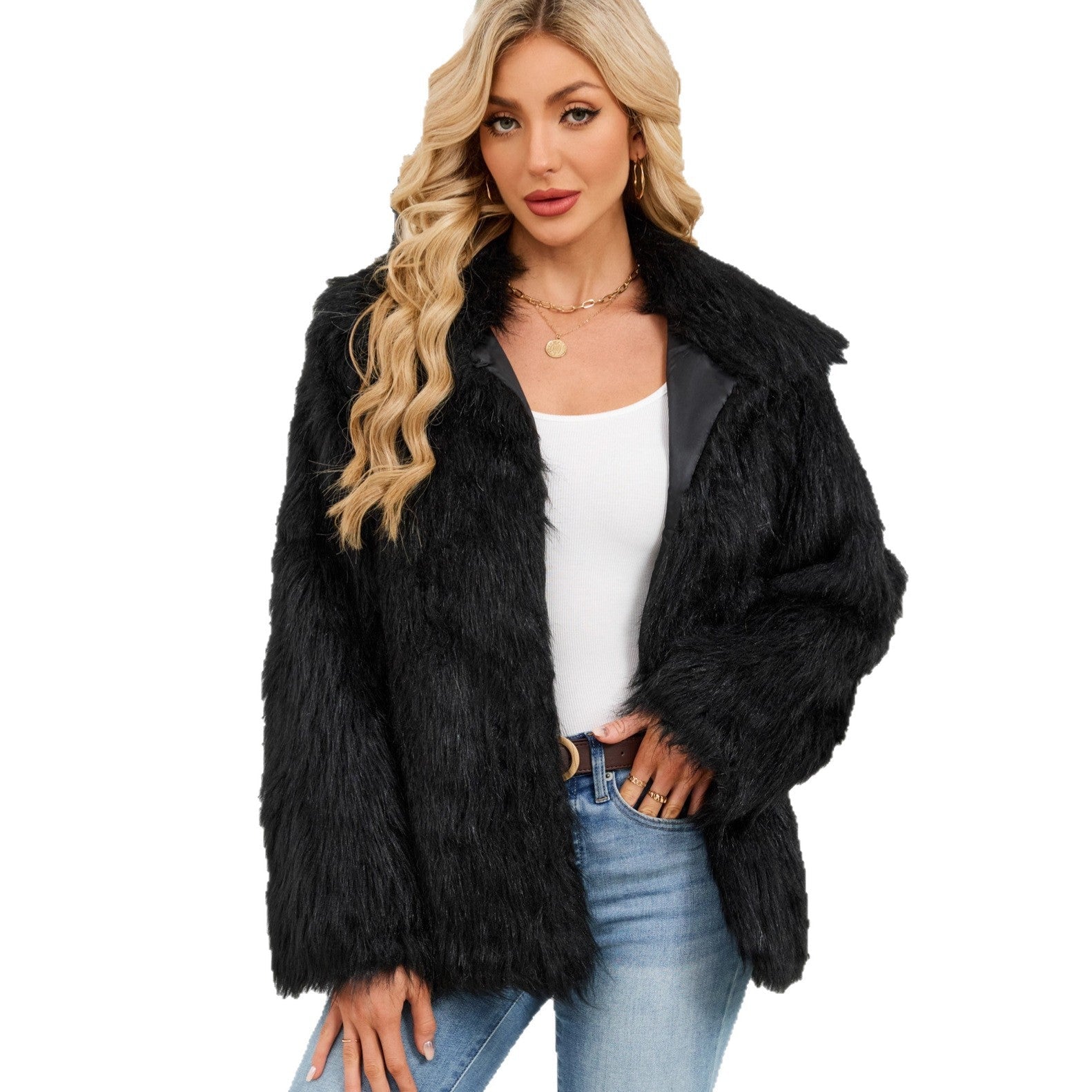 Damen Flauschige Kunstpelzjacke mit Umlegekragen und lockerer Passform R&B