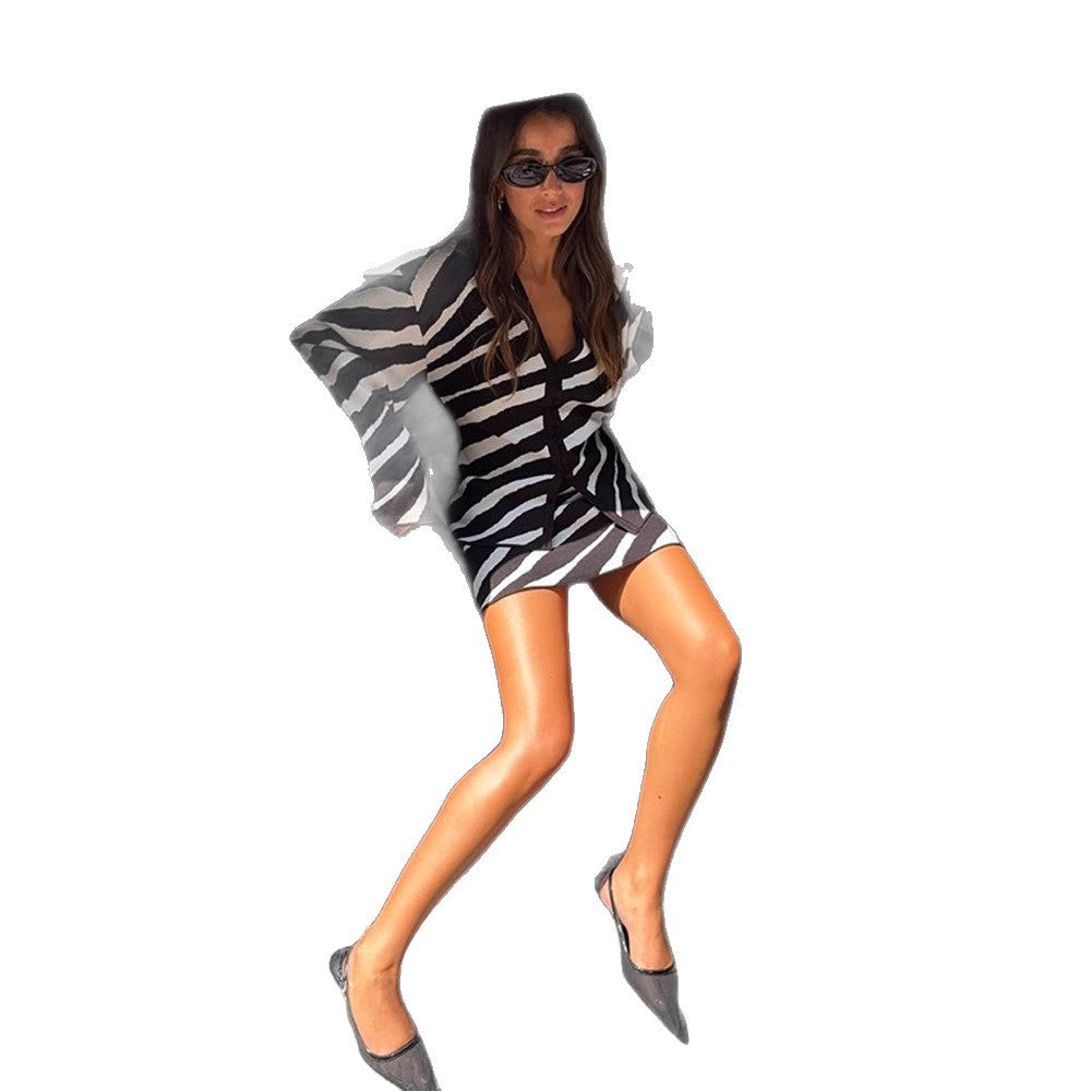Damen modischer Wickelrock mit Zebra-Print und voluminösen Ärmeln R&B