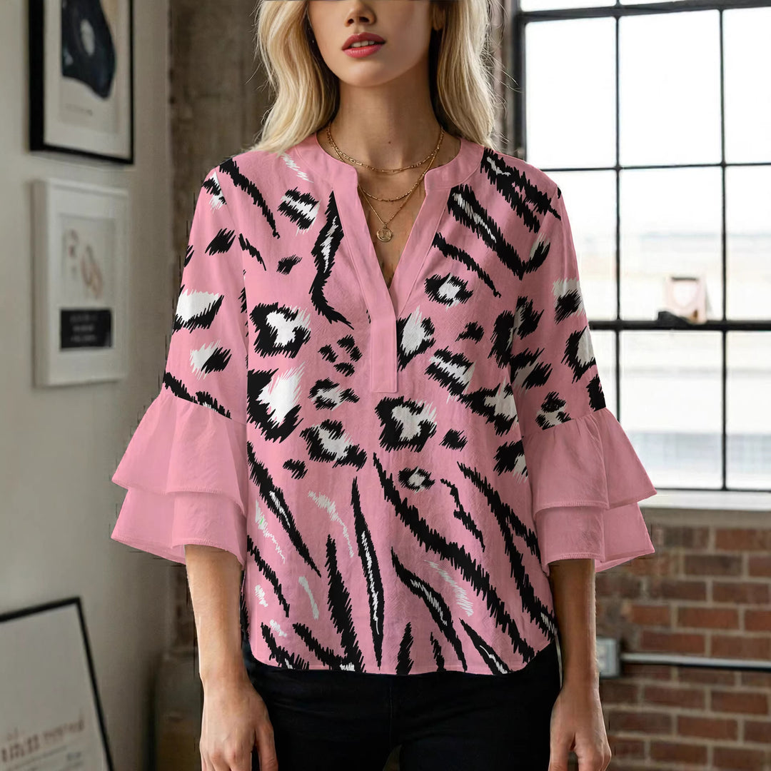 Damen Bluse mit Rüschendetails und auffälligem Animal-Print R&B