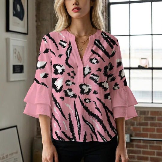 Damen Bluse mit Rüschendetails und auffälligem Animal-Print R&B