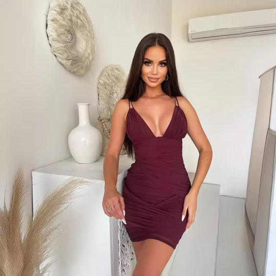Damen figurbetontes Wickelkleid mit tiefem V-Ausschnitt R&B