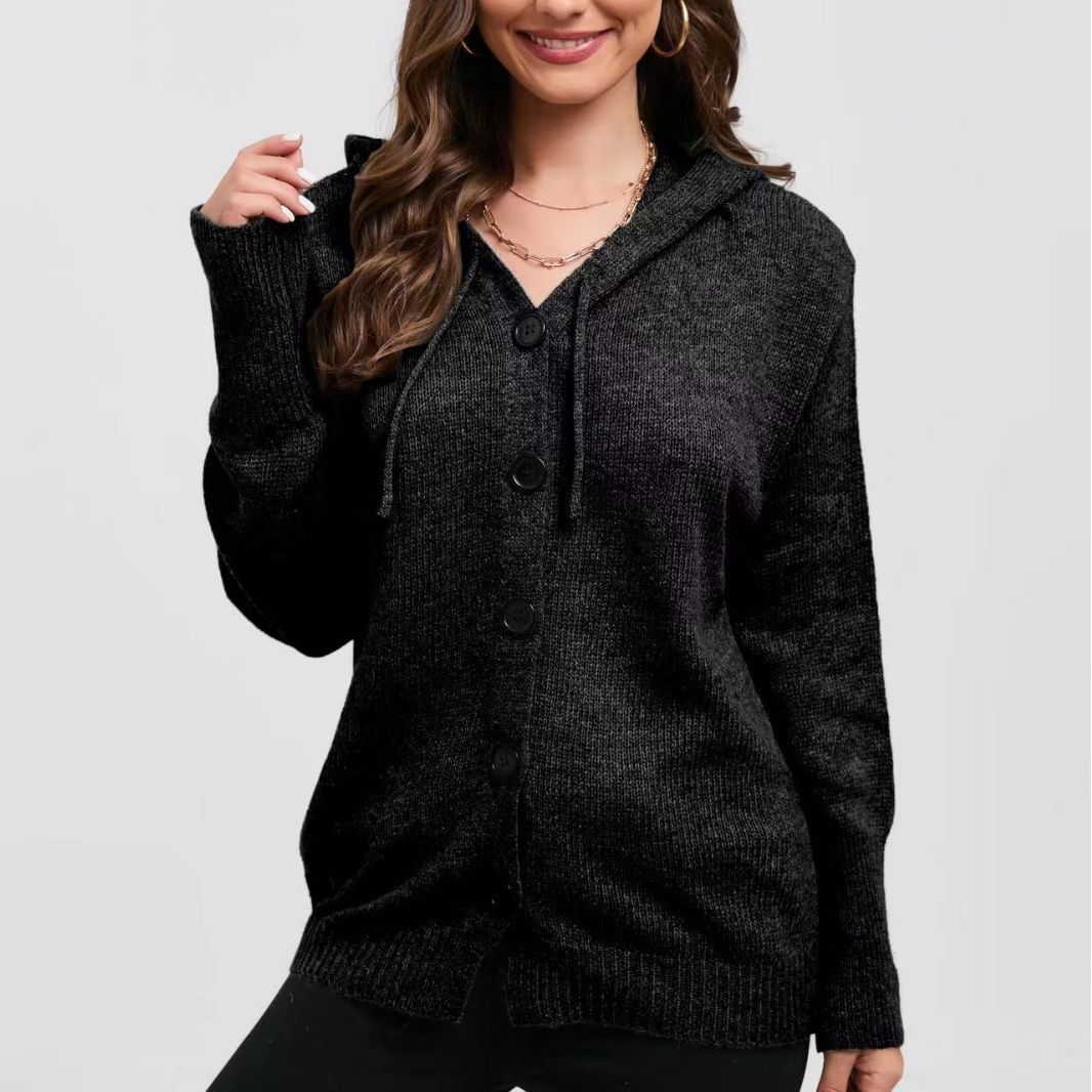 Damen modischer Strickmantel mit Kapuze und dekorativen Knopfdetails R&B