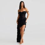 Damen asymmetrisches Spitzenkleid mit Rüschendetails R&B
