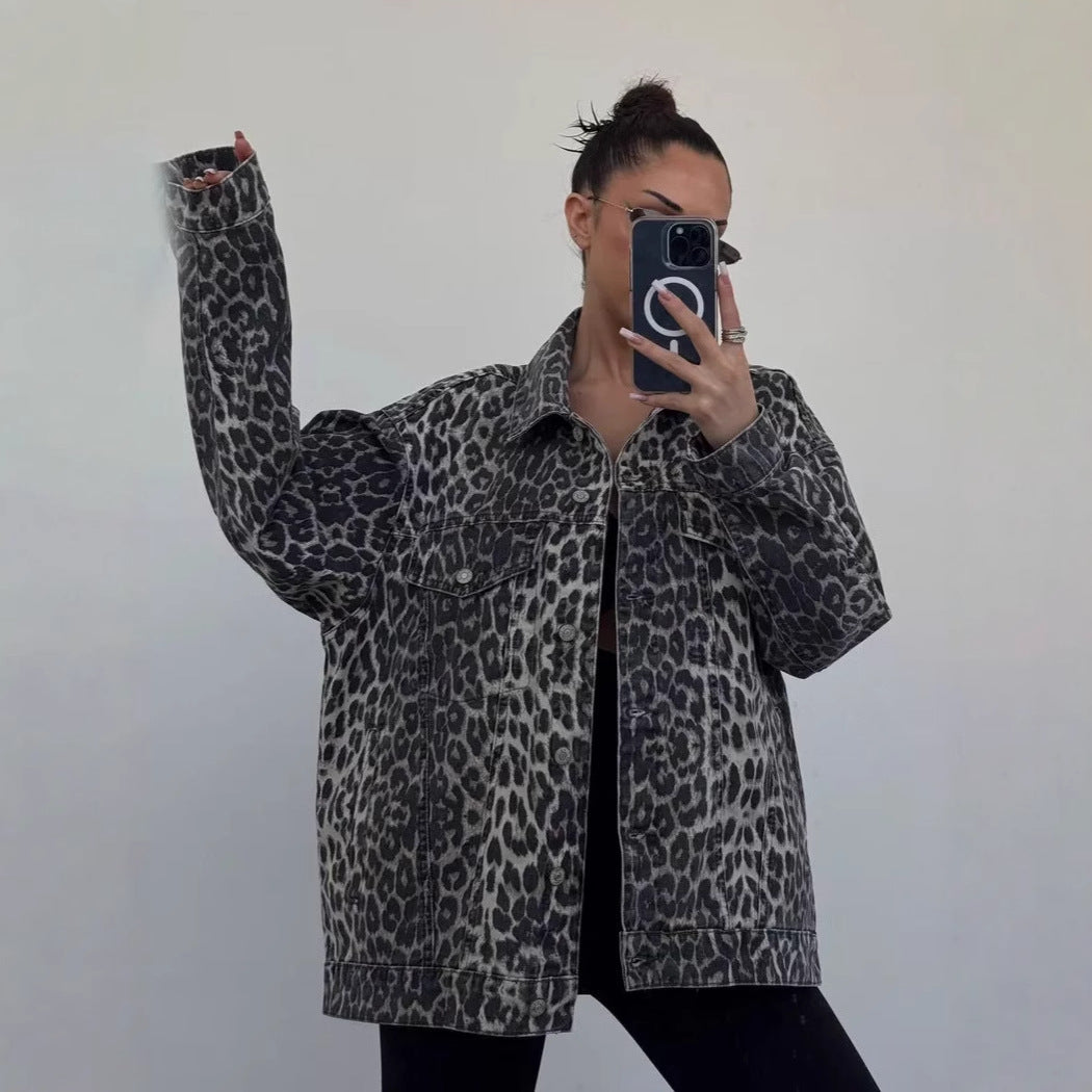 Damen Oversized Jeansjacke mit setzen Leo-Muster R&B