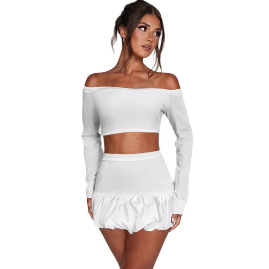 Damen Off-Shoulder Set mit raffiniertem Oberteil und fließendem Rock R&B