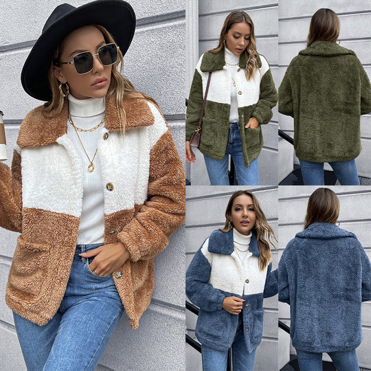 Damen Kunstfelljacke mit praktischen Taschen und modischem Farbblockdesign R&B