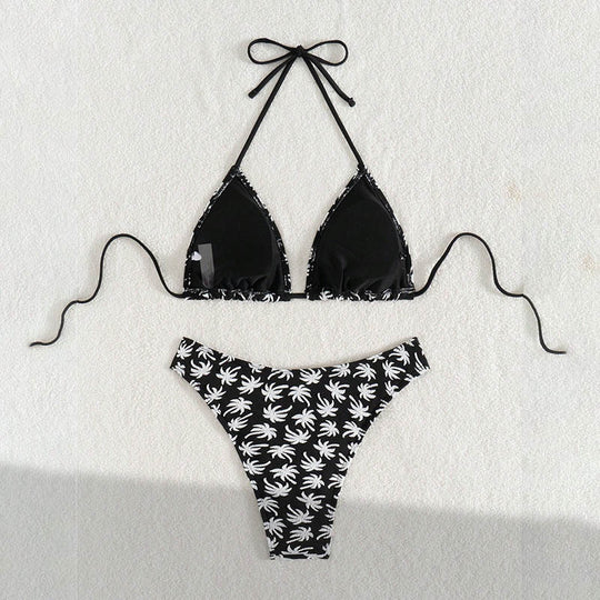 Damen Triangel-Bikini mit fröhlichem Palmenmuster und hohem Beinausschnitt R&B