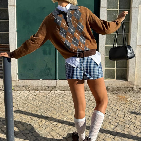 Damen Pullover mit klassischem Polokragen und modernem Rautenmuster R&B