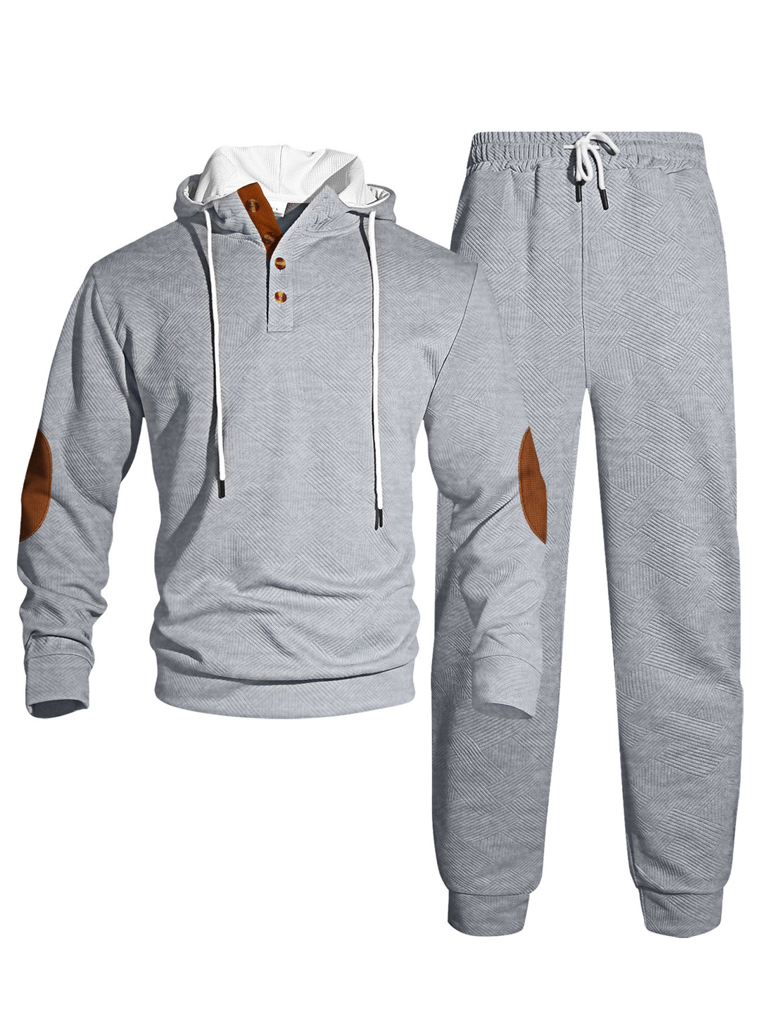 Herren nan Waffelstruktur Henley-Kapuzen-Set mit Holzknopfleiste Ellbogen-Patches und konischer Jogginghose R&B