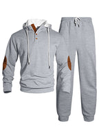 Herren nan Waffelstruktur Henley-Kapuzen-Set mit Holzknopfleiste Ellbogen-Patches und konischer Jogginghose R&B