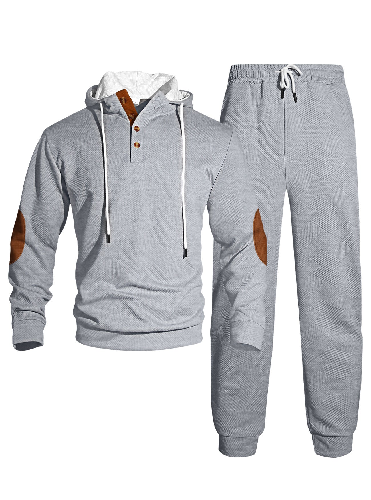 Herren nan Waffelstruktur Henley-Kapuzen-Set mit Holzknopfleiste Ellbogen-Patches und konischer Jogginghose R&B
