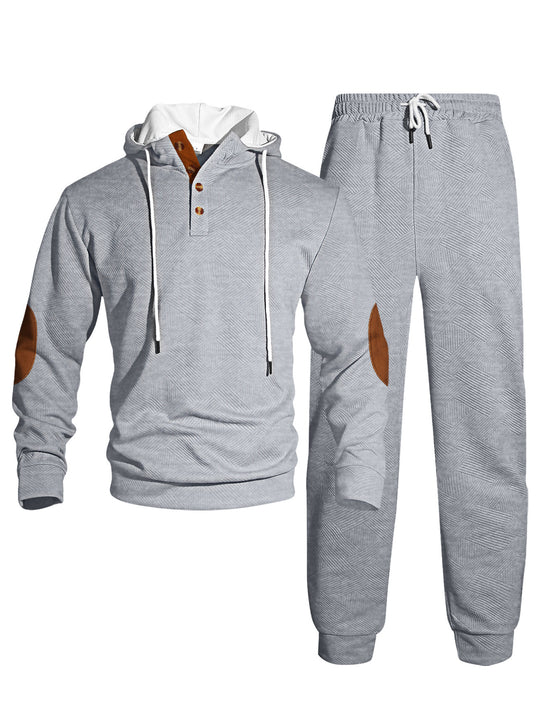 Herren nan Waffelstruktur Henley-Kapuzen-Set mit Holzknopfleiste Ellbogen-Patches und konischer Jogginghose R&B