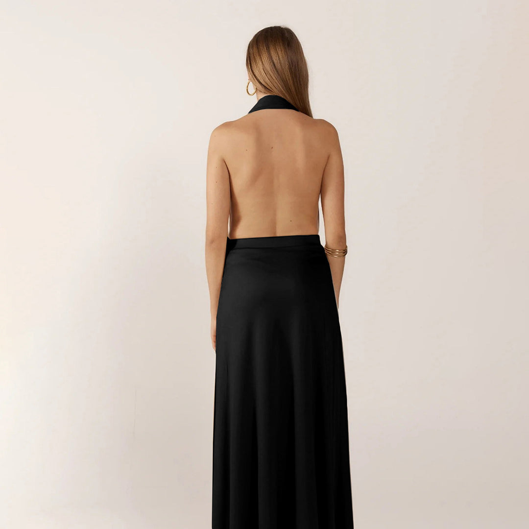 Damen Elegantes Maxikleid mit tiefem V-Ausschnitt und dekorativem Gürtel R&B