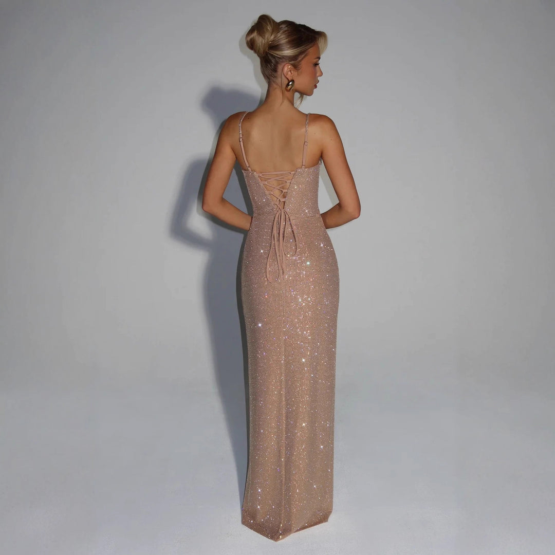 Damen Glamouröses Maxikleid mit tiefem V-Ausschnitt und strahlenden Pailletten R&B