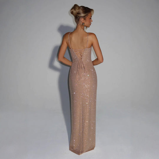 Damen Glamouröses Maxikleid mit tiefem V-Ausschnitt und strahlenden Pailletten R&B