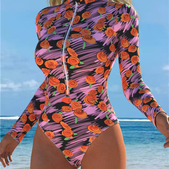 Damen Langarm-Badeanzug mit Reißverschluss und floralem Design R&B