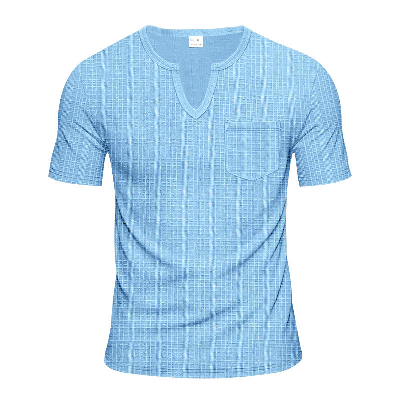 Herren nan Kurzarmshirt mit geschlitztem V-Ausschnitt strukturierter Leinenoptik und aufgesetzter Brusttasche R&B
