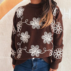 Damen kuscheliger Strickpullover mit floralen Applikationen und Rundhalsausschnitt R&B