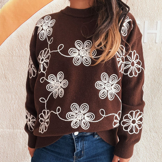 Damen kuscheliger Strickpullover mit floralen Applikationen und Rundhalsausschnitt R&B