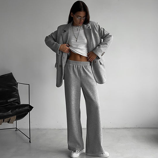 Damen elegantes und lässiges Anzugset mit doppelter Knopfleiste und weitem Bein R&B