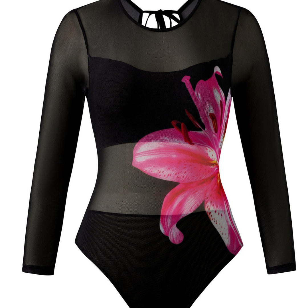 Damen Eleganter Badeanzug mit langem Arm und transparente Wickelrock R&B