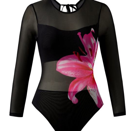 Damen Eleganter Badeanzug mit langem Arm und transparente Wickelrock R&B
