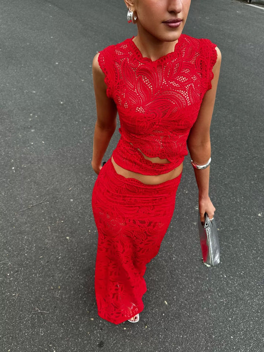 Damen nan elegantes Spitzen-Set mit bauchfreiem kurzem Top mit Wellensaum und taillenhohem figurbetontem Maxirock R&B