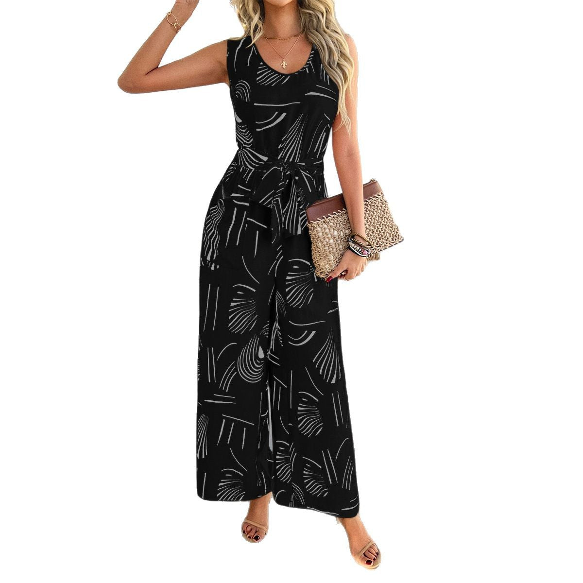 Damen Eleganter Jumpsuit mit Bindegürtel und modernem Grafikdesign R&B