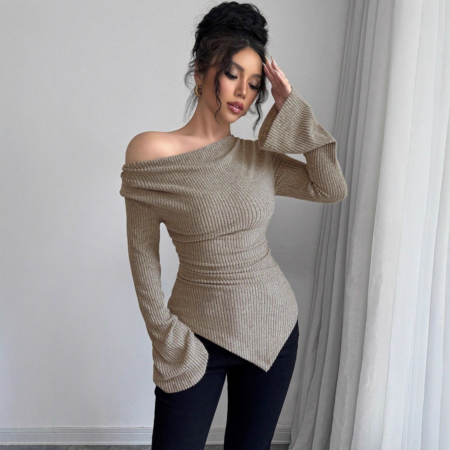 Damen Langarm Shirt mit Rippstruktur und weitem Ärmel R&B