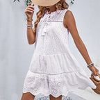 Damen Strandkleid mit verspieltem Stickmuster und BindR&Bändern R&B