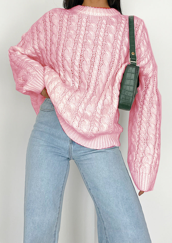 Damen grob gestrickter Pullover mit Zopfmuster und weitem Schnitt R&B