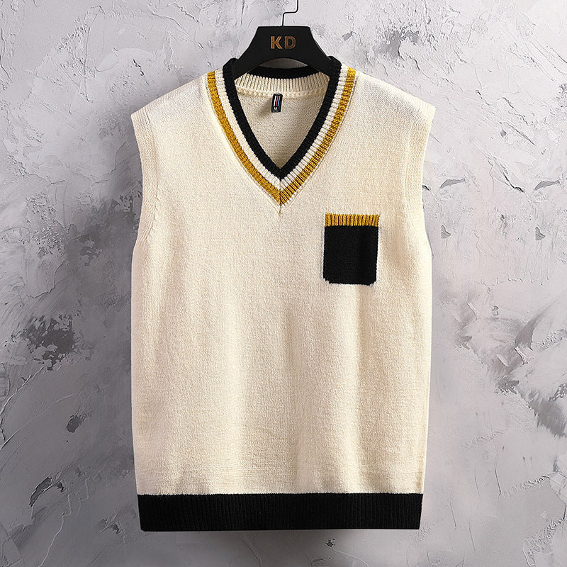 Herren ärmellose Strickjacke mit V-Ausschnitt und Farbblockdesign R&B