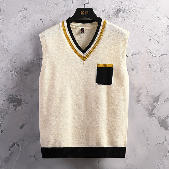 Herren ärmellose Strickjacke mit V-Ausschnitt und Farbblockdesign R&B