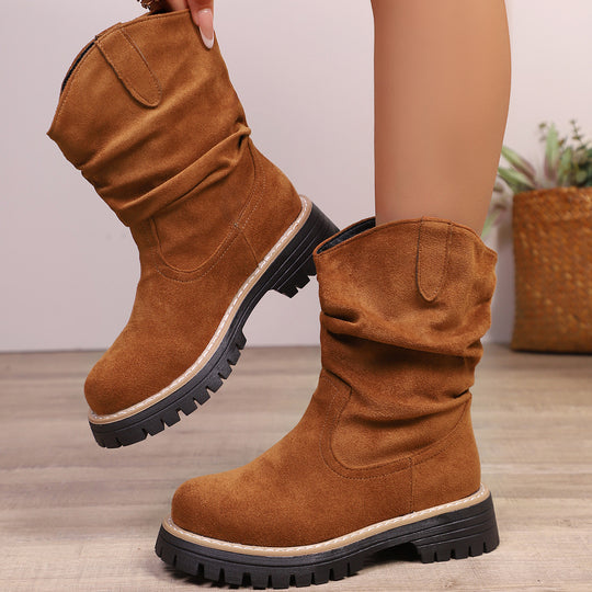 Damen weiche Wildleder-Stiefel mit lässigem Faltenlook und robuster Profilsohle R&B