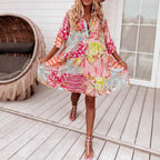 Damen nan Luftiges Stufenkleid im Patchwork-Boho-Stil mit Stehkragen, geraffter Taillennaht und Dreiviertelärmeln R&B