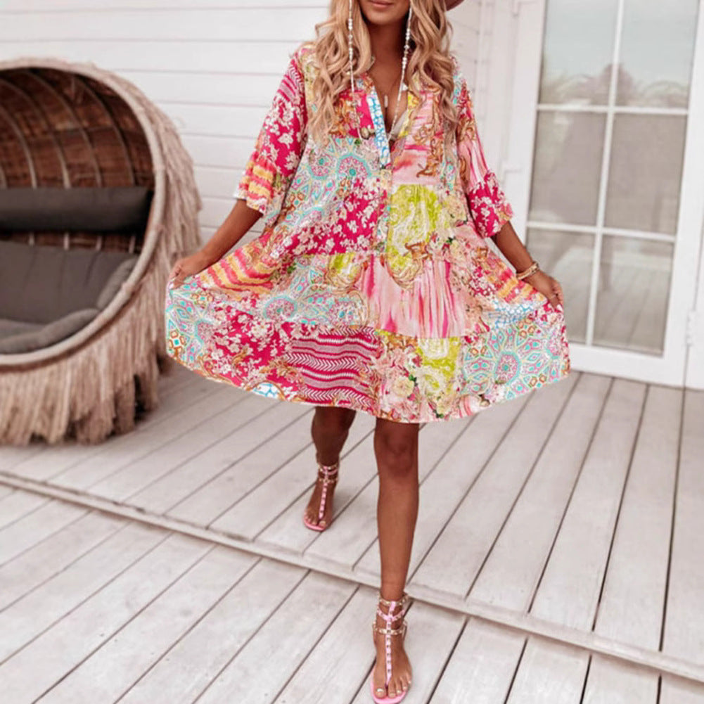 Damen nan Luftiges Stufenkleid im Patchwork-Boho-Stil mit Stehkragen, geraffter Taillennaht und Dreiviertelärmeln R&B