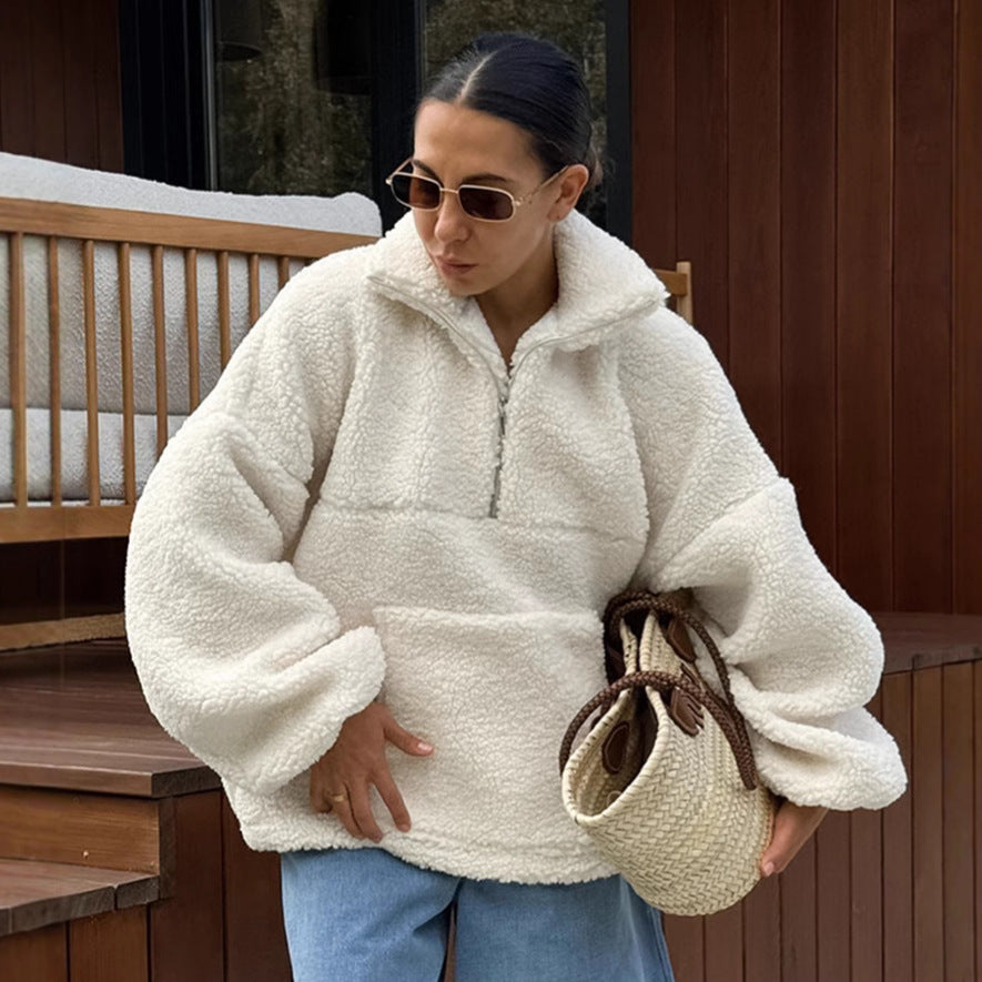 Damen Fleece-Pullover mit hohem Kragen und seitlichen Taschen R&B