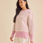 Damen lässiger Strickpullover mit modernem Rippenmuster und überschnittenen Schultern R&B