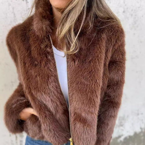 Damen kuschelige und modische Fleecejacke mit Stehkragen und Reißverschluss R&B