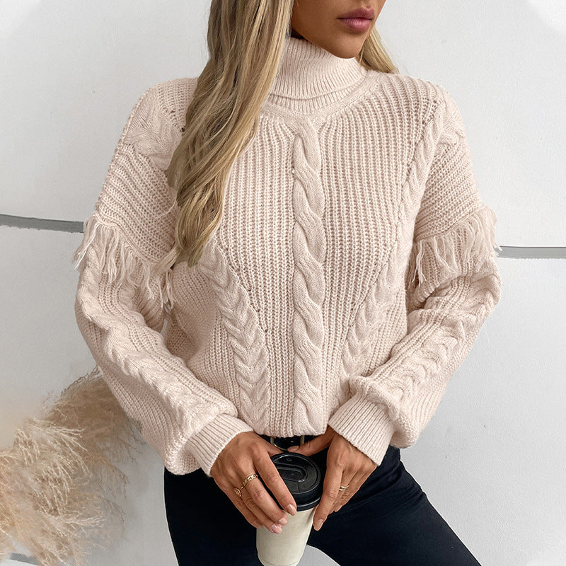 Damen Strickpullover mit hohem Kragen und Zopfmuster