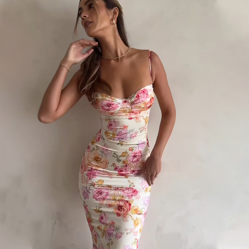 Damen figurbetontes Maxikleid mit floralem Design und elegantem V-Ausschnitt R&B