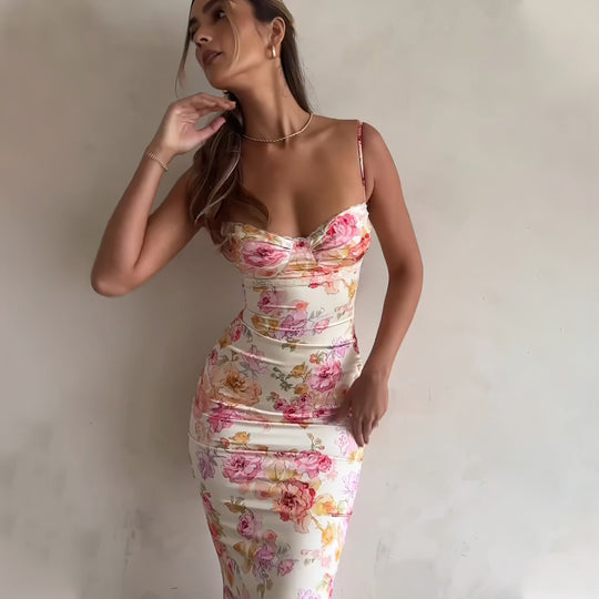 Damen figurbetontes Maxikleid mit floralem Design und elegantem V-Ausschnitt R&B